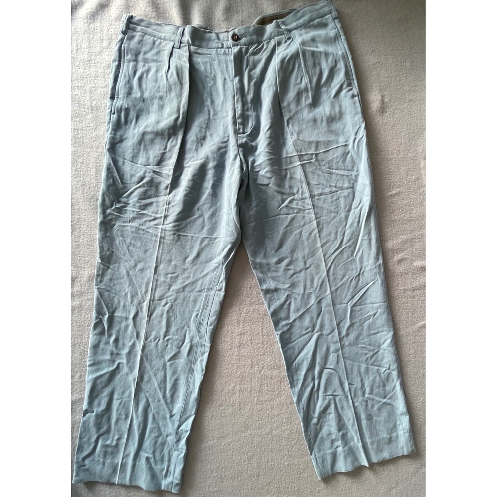 Orvis Signature Collection Mens 40 Silk Linen Pleated Trousers Light Blue Pants
